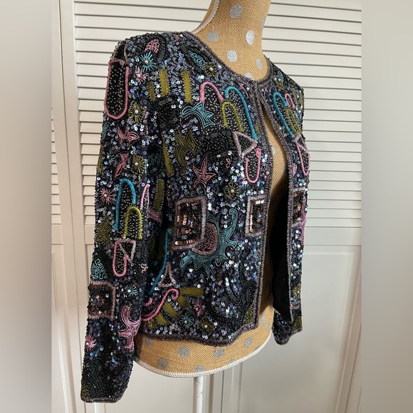 Amazing Vintage 80’s Sténay Multicolored Geometric Beaded Evening coat jacket M - Picture 2 of 16